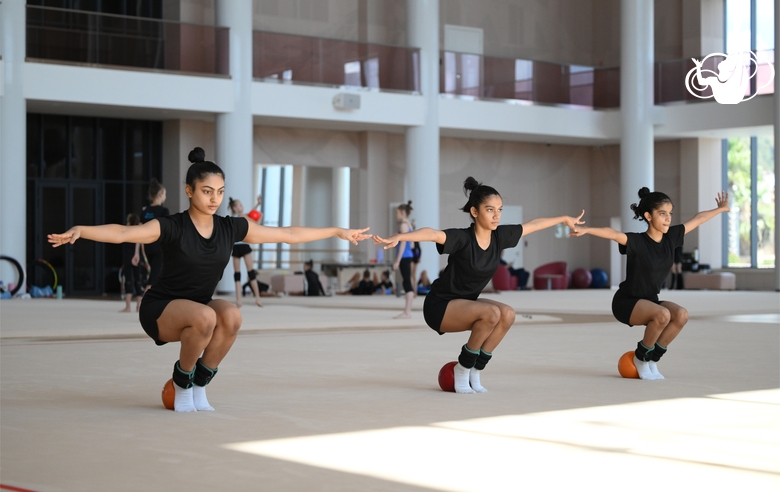 Gymnasts Kimaya Karle, Aryaa and Avani Nitesh Kadam during training at the Academy
