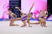 Group team gymnasts from the Novosibirsk Region during the clubs routine