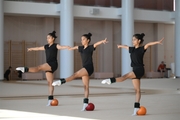 Gymnasts Kimaya Karle, Aryaa and Avani Nitesh Kadam during training at the Academy