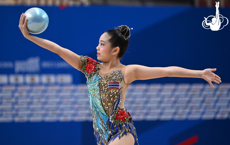 Gymnast during an exercise with a ball