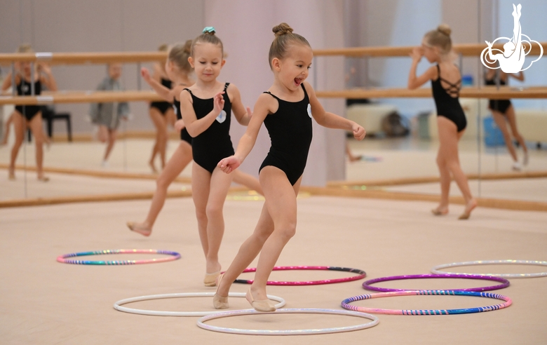 Young gymnasts during training