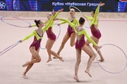 Gymnasts during an exercise with hoops