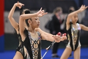 Gymnasts perform exercises with hoops during floor testing before the BRICS Games