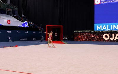 Alina Kabaeva works with Veronika Malinina ahead of the the Ojaq Cup tournament