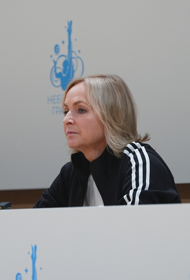 Russian national team Head coach Tatyana Sergaeva and choreographer Irina Zenovka participate in a control training session at the Academy