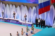 The award ceremony of the "Sky Grace" tournament. On the podium (from left to right) - Anastasia Salos, Lala Kramarenko, Anastasia Guzenkova. Next to the podium - Evgenia Kanaeva, Alexandra Timoshenko, Yulia Barsukova and Alina Kabaeva