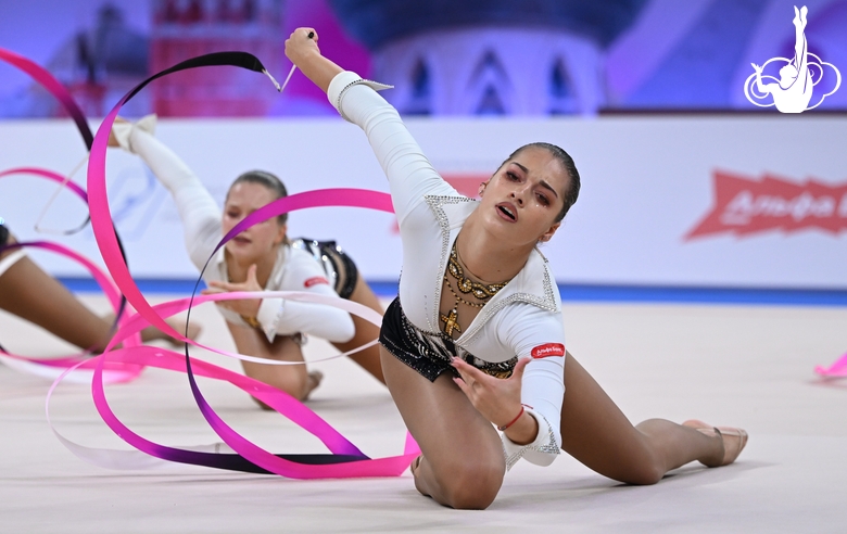 Group gymnasts from Nizhegorodskiy Region during an exercise with ribbons