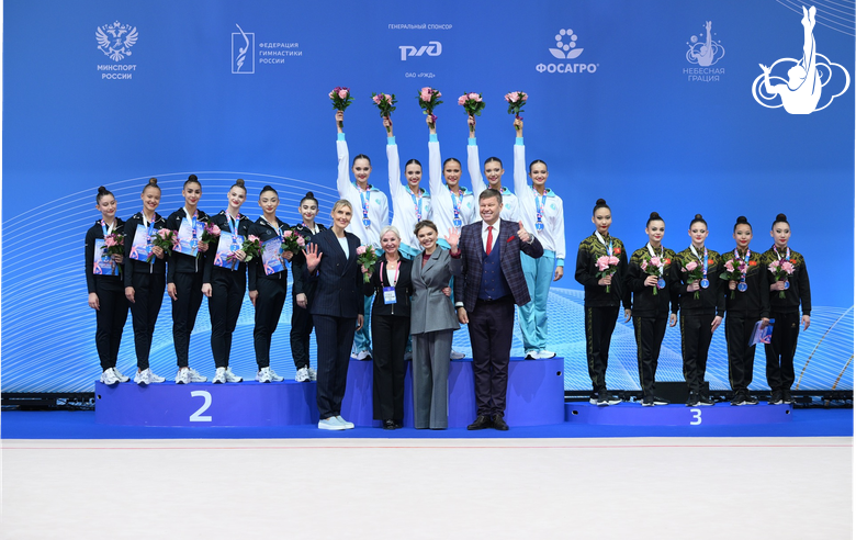 March 15, 2026. Olympic champion Alina Kabaeva, TV presenter Dmitry Guberniev, and two-time Olympic bronze medalist in basketball Natalia Vodopyanova and coach Elena Petunina with the medalists of the Alina Kabaeva Grand Prix Champions Cup