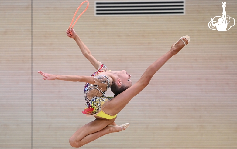 Gymnast during an exercise with a jump rope