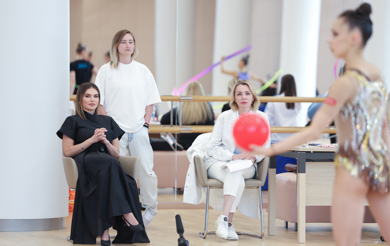 June 17, 2025. Olympic champion Alina Kabaeva, along with coach Irina Gusarova and choreographer Elena Egorova, prepare gymnasts ahead of their performance at the second stage of the Cup of Strongest