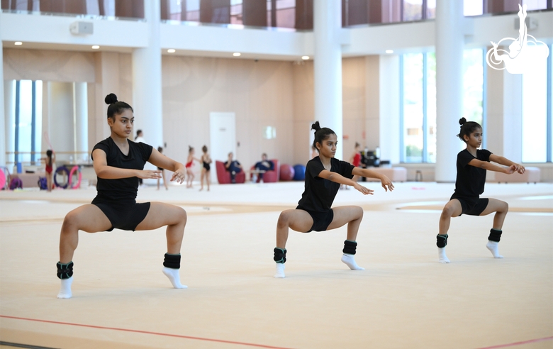 Gymnasts Kimaya Karle, Aryaa and Avani Nitesh Kadam during training at the Academy