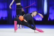 Lamia Tariq Malallah during an exercise with a ball at floor testing