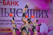 Group team gymnasts from the Russian national team during an exercise with balls and hoops