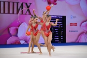 Group team gymnasts from the Ryazan region during an exercise with balls and hoops