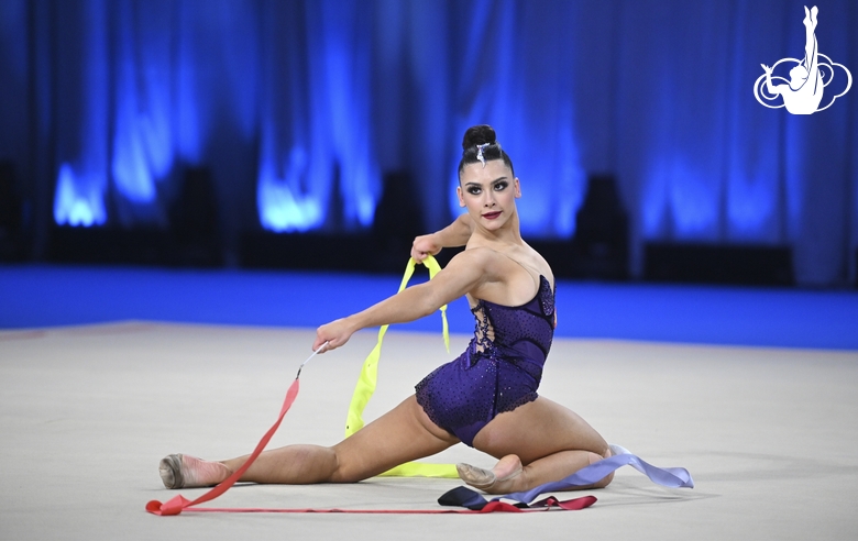 Lala Kramarenko during an exercise with a ribbon