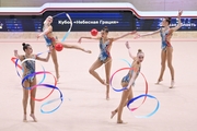 Gymnasts during an exercise with balls and ribbons