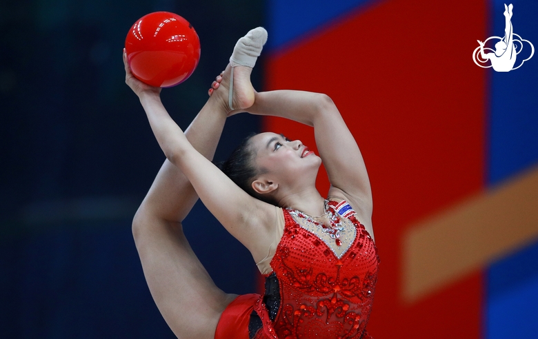 A gymnast during the ball exercise