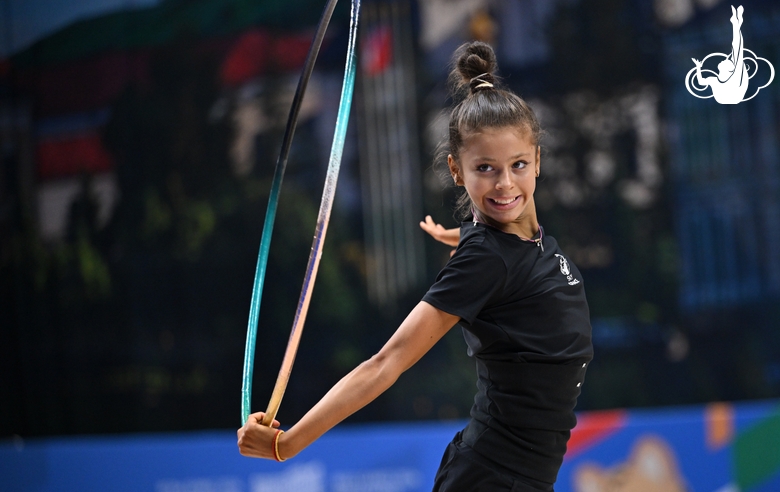 Karolina Tarasova  during an exercise with a hoop  at floor testing ahead of the BRICS Games