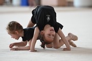 Young gymnasts during training