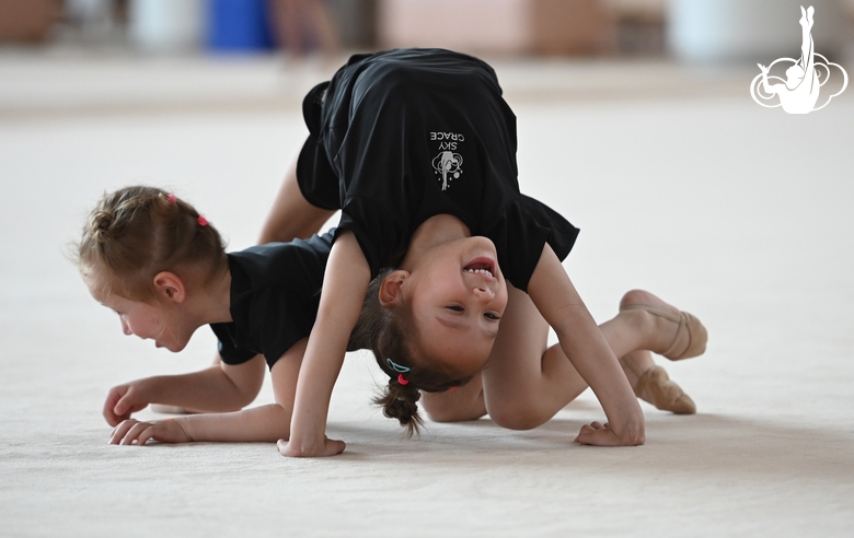 Young gymnasts during training