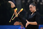 Lala Kramarenko during an exercise with clubs at floor testing ahead of the BRICS Games