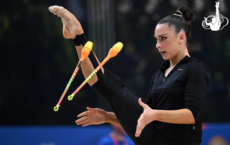 Lala Kramarenko during an exercise with clubs at floor testing ahead of the BRICS Games