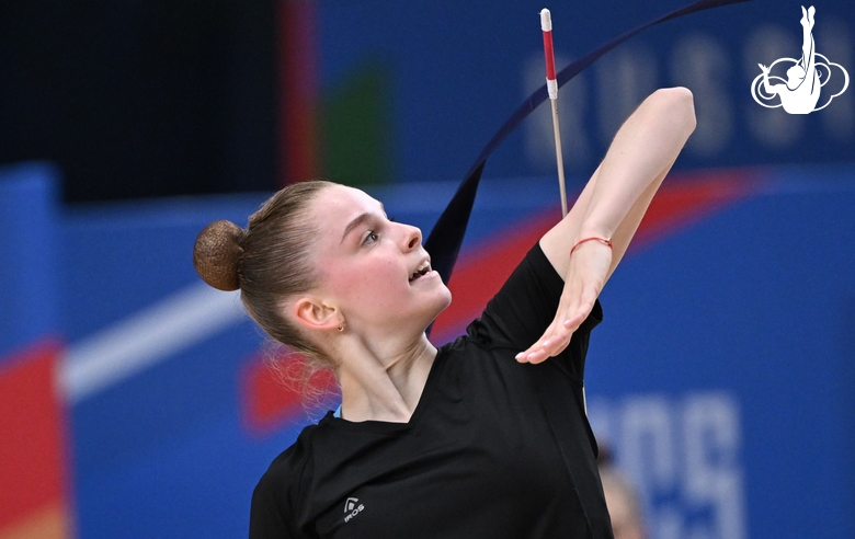 Gymnast during an exercise with a ribbon at floor testing ahead of the BRICS Games