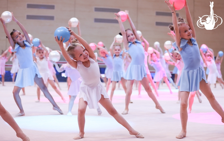 Young gymnasts performing at the opening ceremony of the all-Russian Sky Grace Cup competition