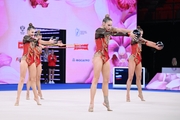 Group team gymnasts from the Tula region during their ball and hoop routine