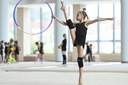 Elvira Belyaeva during an exercise with a hoop ahead of the assessment training session