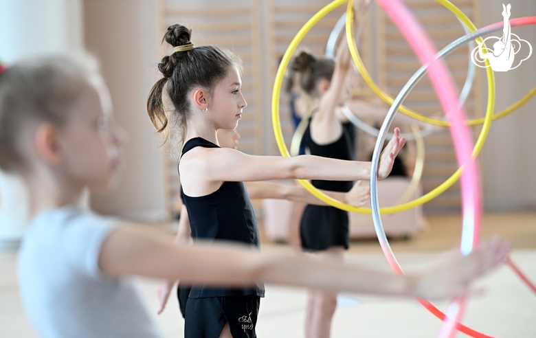 Gymnasts during the training session