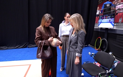 Olympic champion Alina Kabaeva signed a ball for the Yubileiny sports center