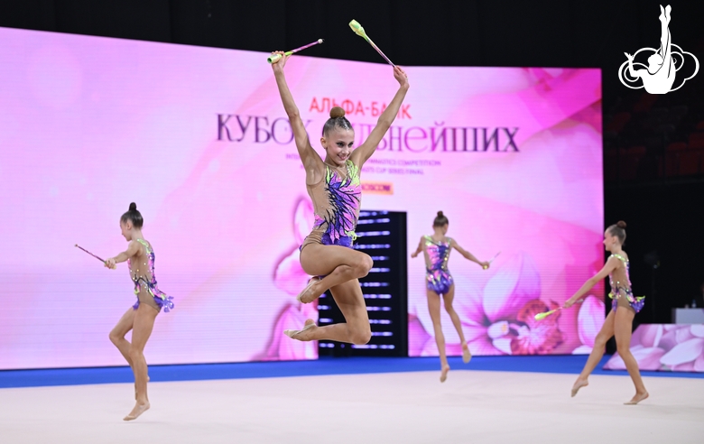 Group team gymnasts from the Novosibirsk Region during the clubs routine