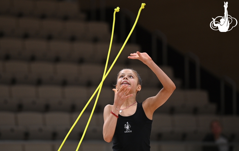 Karolina Tarasova during an exercise with a jump rope during floor testing