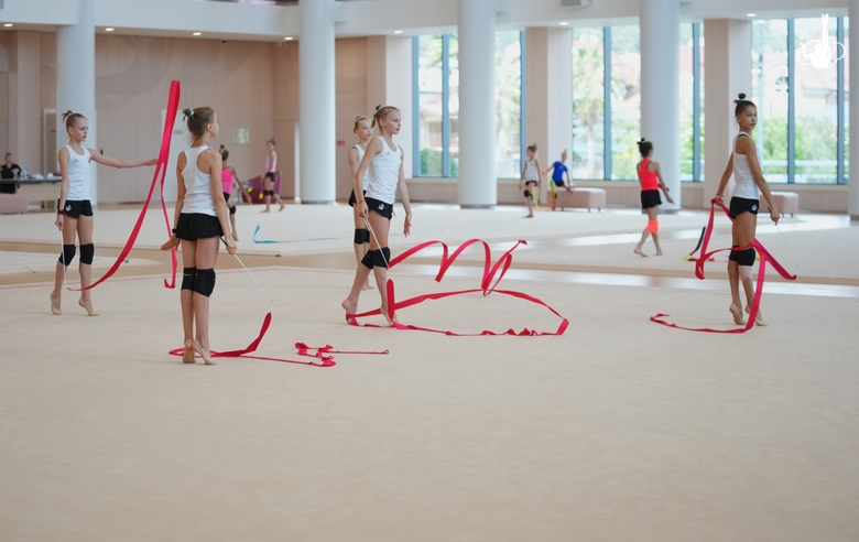 Group team gymnasts during a class with Olympic champion Alina Kabaeva