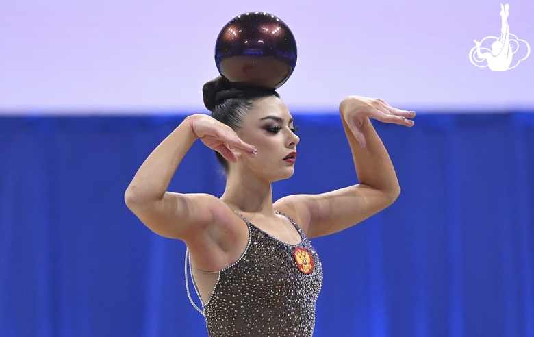 Lala Kramarenko during an exercise with a ball