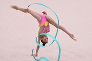 Valeria Medvedeva during an exercise with a hoop at the control training session