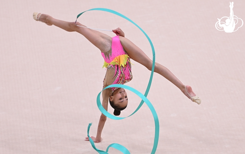 Valeria Medvedeva during an exercise with a hoop at the control training session