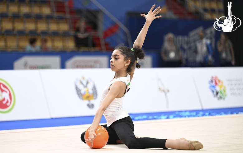 Gymnasts perform exercises with a ball during floor testing before the BRICS Games