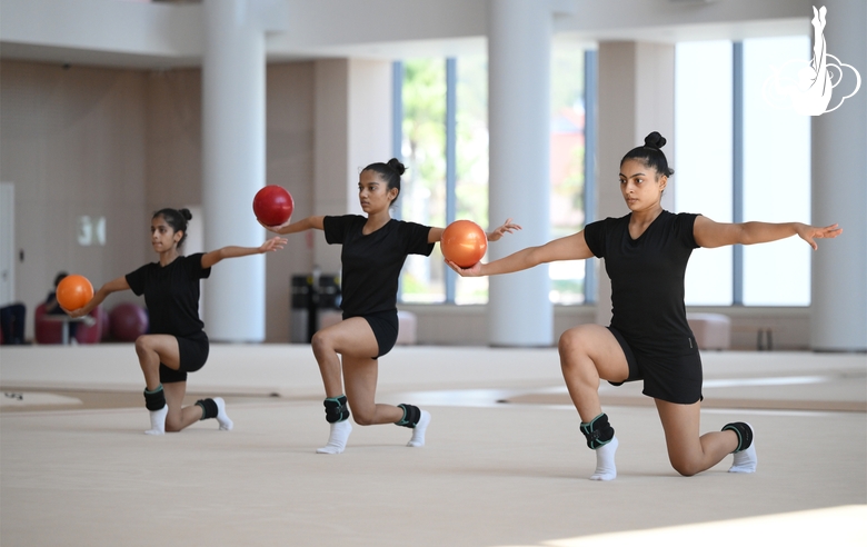 Gymnasts Kimaya Karle, Aryaa and Avani Nitesh Kadam during training at the Academy