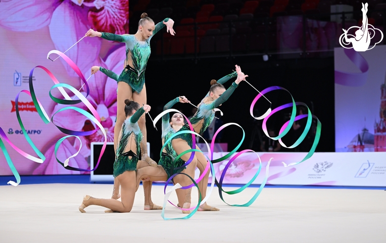 Russian team group gymnasts during their ribbon routine
