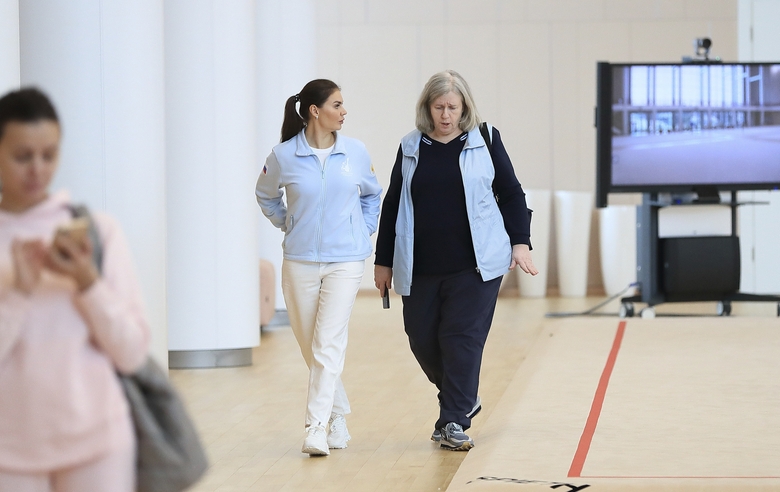 Russia’s Honored Coach Elena Karpushenko and Olympic champion Alina Kabaeva at the Sky Grace Academy