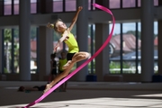 Gymnast during exercise with ribbon