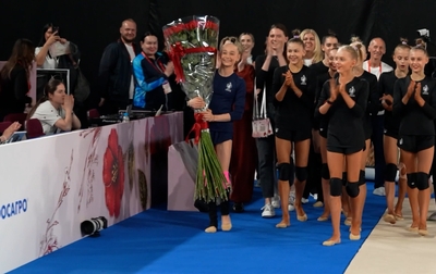 The Academy team congratulates Alina Kabaeva on her birthday during the podium training at the second stage of the Cup of the Strongest