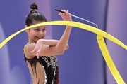 Karolina Tarasova during the exercise with a ribbon at the control training