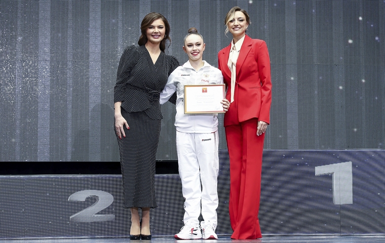 Olympic champion Alina Kabaeva, Russian gymnast Mariia Borisova and Olympic champion Evgenia Kanaeva (left to right)