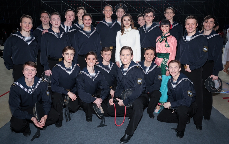 December 17, 2023 Olympic champion Alina Kabaeva on a group photograph with the Igor Moiseyev State Academic Folk Dance Ensemble