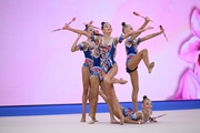 Group team gymnasts from the Sverdlovsk Region during the clubs routine