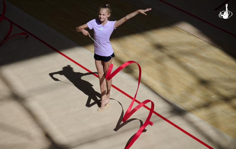 Group team gymnast during a class with the honored coach of Russia Veronika Shatkova