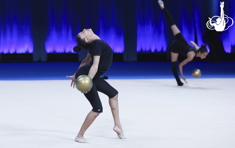 Sanyukta Kale during an exercise with a ball at floor testing